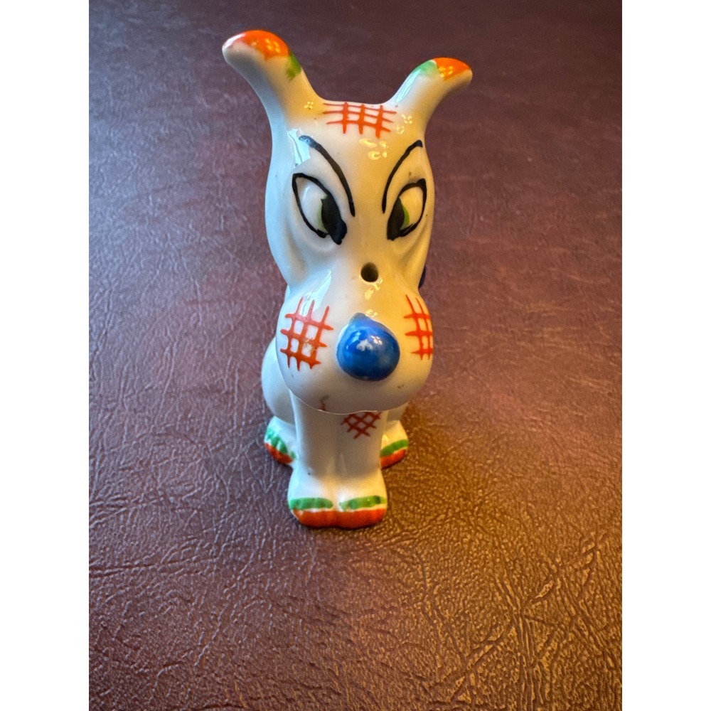 Vintage Hand Painted Japan Porcelain Dog Figurine Blue Bow Tie‎ Patch Detail